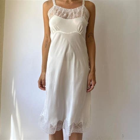 Vintage White Lace Trim Slip Midi Dress Gem