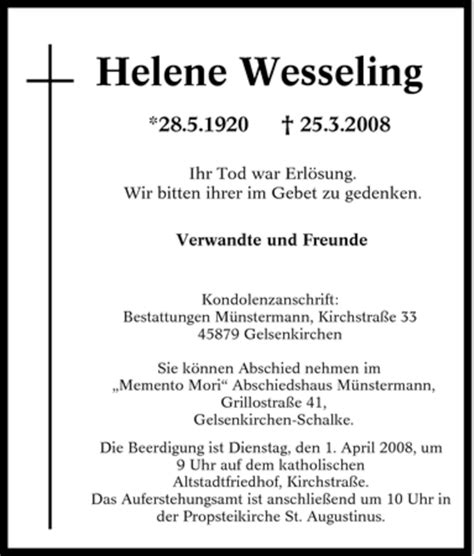 Traueranzeigen Von Helene Wesseling Trauer In Nrw De