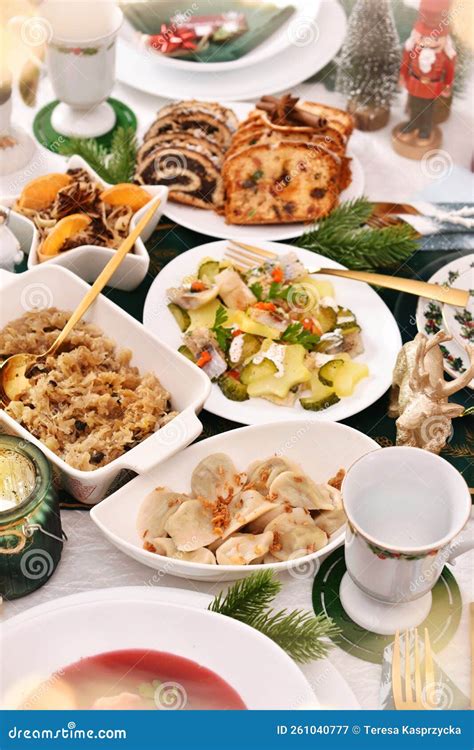 Traditional Polish Christmas Eve Dishes on Festive Table Stock Image ...