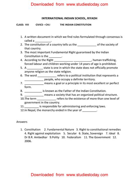 Cbse Class Civics Worksheet The Indian Constitution International