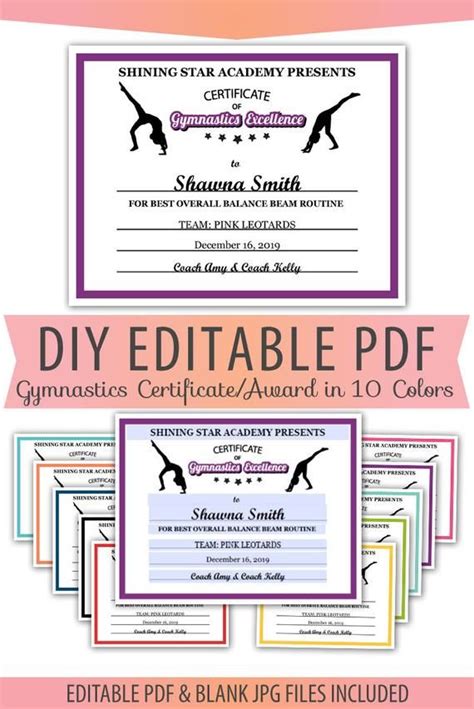 Editable Pdf Sports Team Gymnastics Certificate Award Template In 10 Colors Letter Size Instant