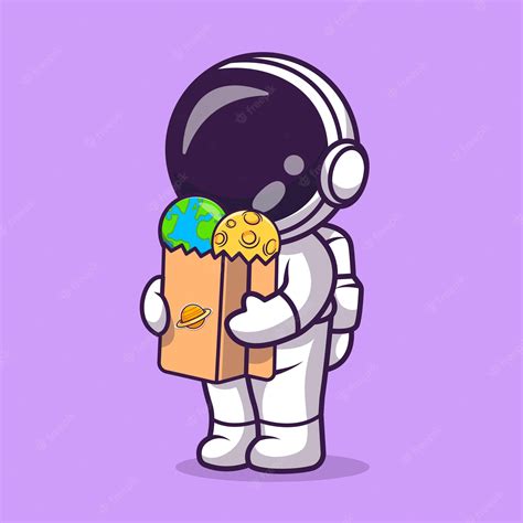 El Astronauta Lindo Trae La Tierra Y La Luna En La Ilustración Del Icono Del Vector De Dibujos