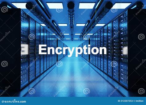 Encryption Logo In Large Modern Data Center With Multiple Rows Of