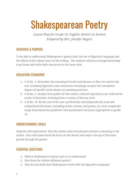 Shakespeare Lesson Plan Pdf Poetry Lesson Plan