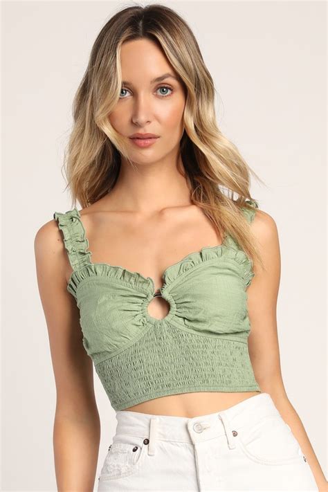 Sage Green Keyhole Tank Top Smocked Tank Top Cropped Tank Top Lulus