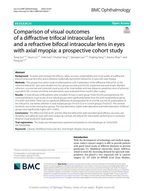 Pdf Comparison Of Visual Outcomes Of A Diffractive Trifocal Intraocular Lens And A Refractive