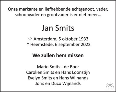 Jan Smits Overlijdensbericht En Condoleances Mensenlinq Nl