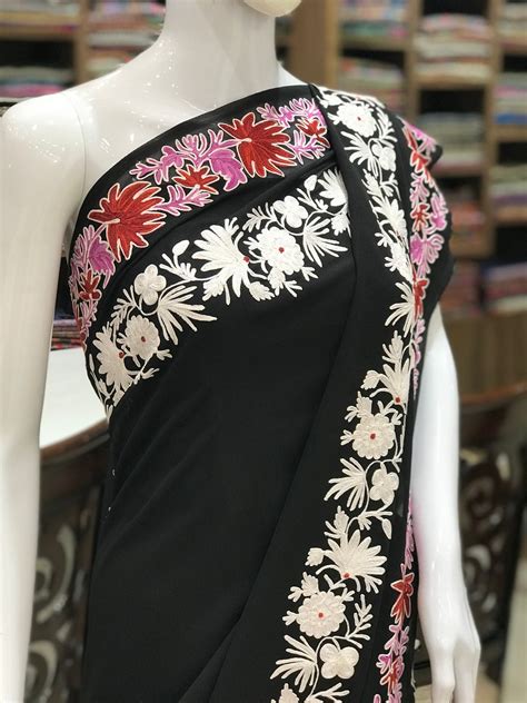 Black Aari Embroidered Kashmiri Saree Indian Ethnic Dress Traditional