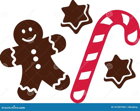 Candy Cane with Gingerbread Man and Cookies Stock Vector - Illustration of symbol, icon: 107207940