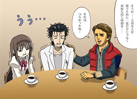 Safebooru 1girl 2boys Akemi Homura Back To The Future Bangs Black Hair Brown Hair Chair