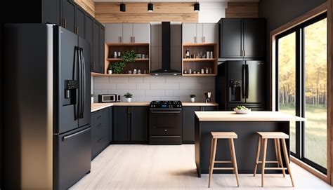 Premium AI Image | A kitchen with black cabinets and a black refrigerator.