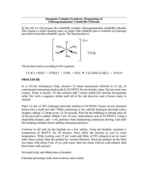 Preparation Of Chloropentammine Cobalt Iii Chloride In This Lab We