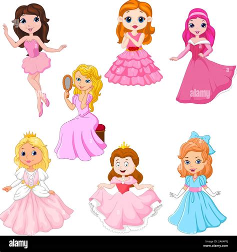 Set Of Cute Cartoon Princesses Isolated On White Background Stock