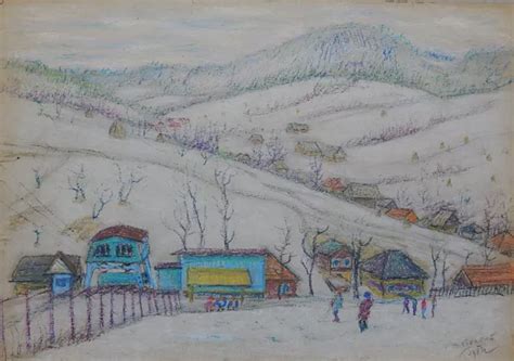 WINTER RURAL MOUNTAIN Landscape Original Vintage Pastel Painting