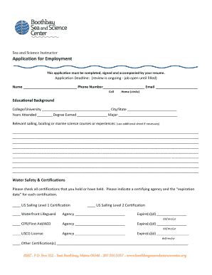 Fillable Online Boothbayseaandsciencecenter Instructor Job Application