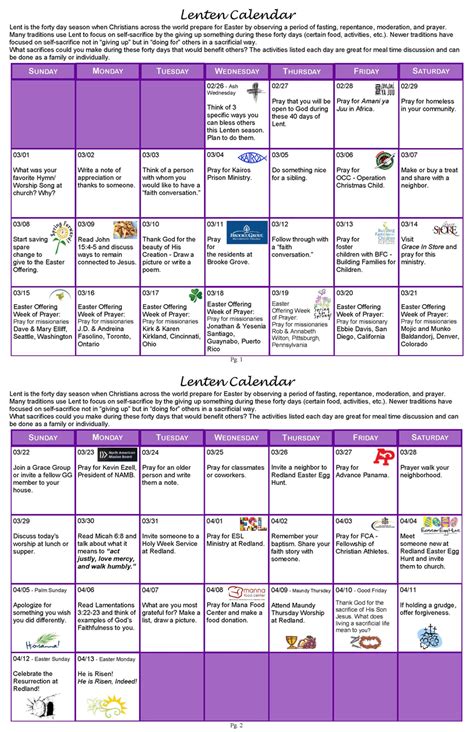 Lenten Calendar Printable