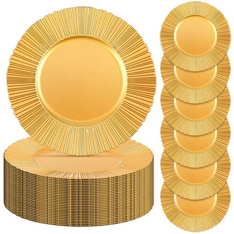 Yaomiao 50 Pack 13 Inch Gold Charger Plates Fluted Rim Plastic Chargers For Dinner Plates Round