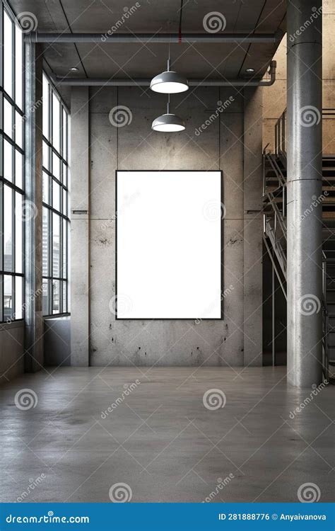 A Large Empty Room With A Staircase And A Blank Picture On The Wall