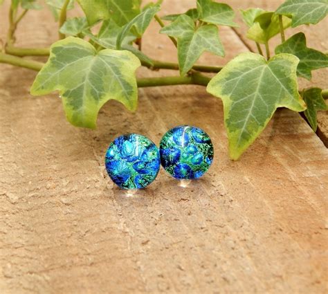 Blue And Green Dichroic Glass Stud Earrings Fused Glass Etsy Uk