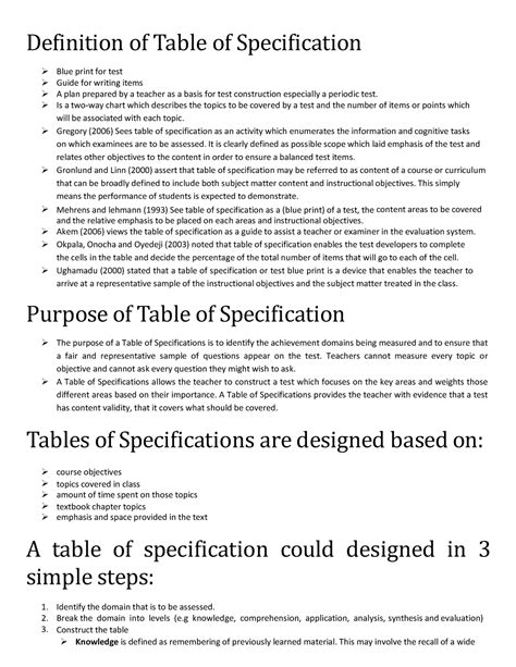 Preparing Table Of Specifications Definition Of T Able Of Specificati