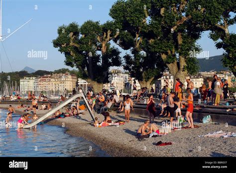 Bathing And Relaxing On The Beach Of The Bains De Paquis On Lake Geneva