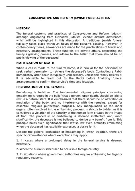 Summary The Conservative and reform Jewish Funeral Rituals- History and