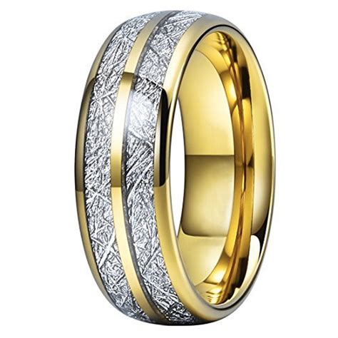 8mm Unisex Or Womens Tungsten Wedding Band Yellow Gold Double Line Inspired Meteorite Domed