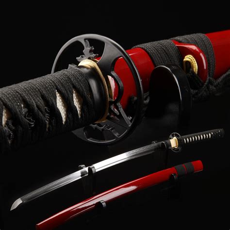 Black And Red Katana Handmade Japanese Samurai Sword T10 Folded Clay