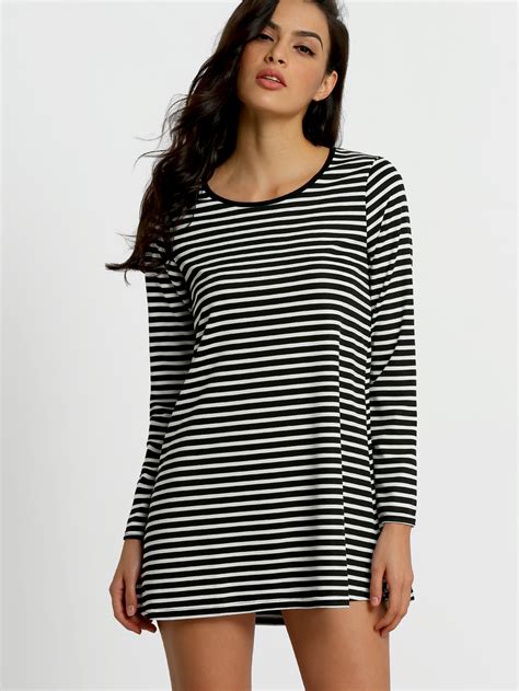 Long Sleeve Striped Shift Dress Shein Sheinside