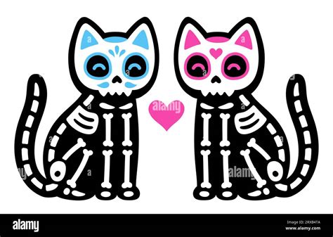 Dos Lindos Gatos Esqueletos De Dibujos Animados Con Calaveras Pintadas