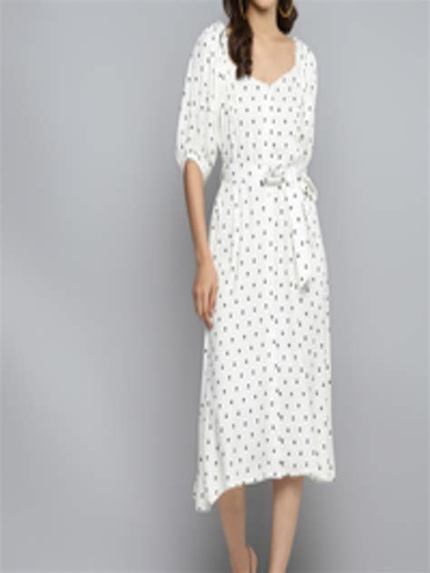 Buy Femella Women White And Black Polka Dots Print A Line Dress With Puff Sleeves Dresses For