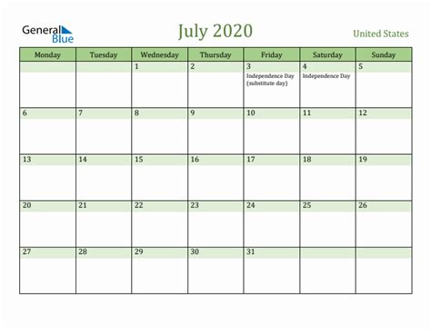 Fillable Holiday Calendar for United States - July 2020