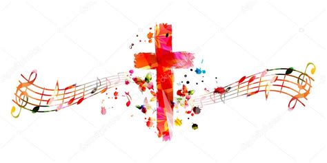 Cruz Cristiana Colorida Con Notas Musicales Ilustración Vectorial Aislada Religión Temática De