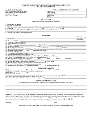 Fillable Online Wyomingworkforce Claim For Wages Form Wyoming