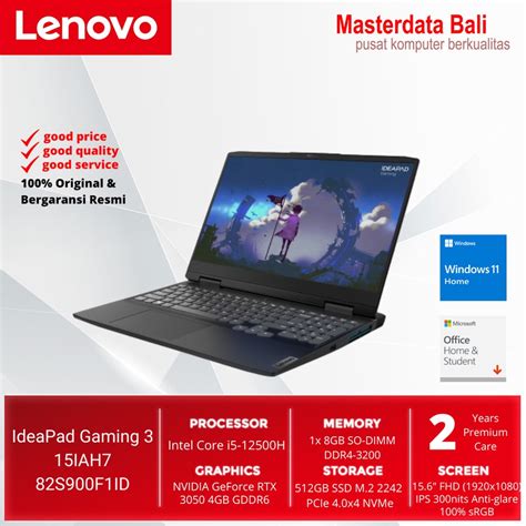 Jual LAPTOP LENOVO IDEAPAD GAMING 3 15IAH7 82S900F1ID I5 12500H 8G