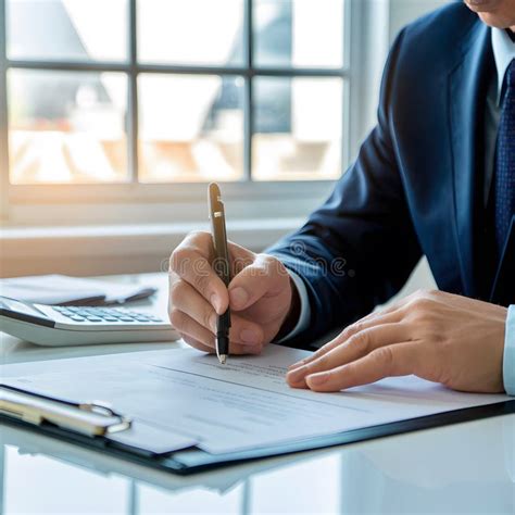 Man In Suit Writing At Desk With Window Documents And Calculator Stock