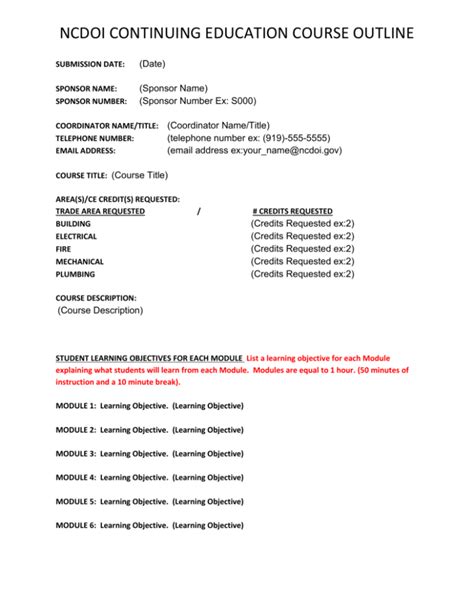 NCDOI CONTINUING EDUCATION COURSE OUTLINE