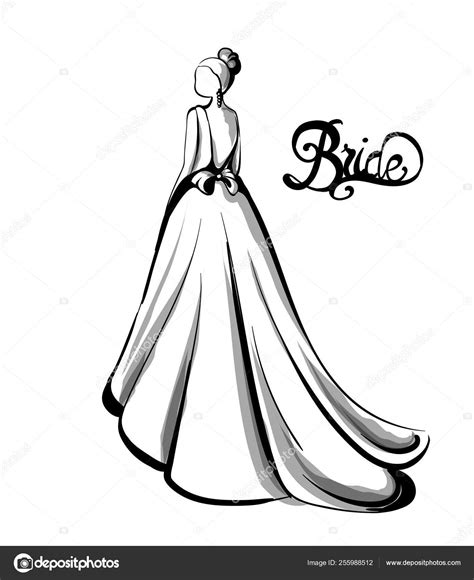 Bride Silhouette Vector Line Art Beautiful Long Dress Template For