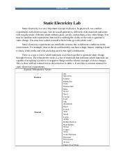 Static Electricity WS Docx PHYSICS LAB Static Electricity Lab Static