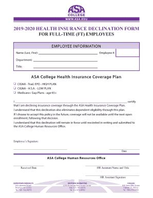 Fillable Online Health Insurance Declination Form Ft Cigna Fax