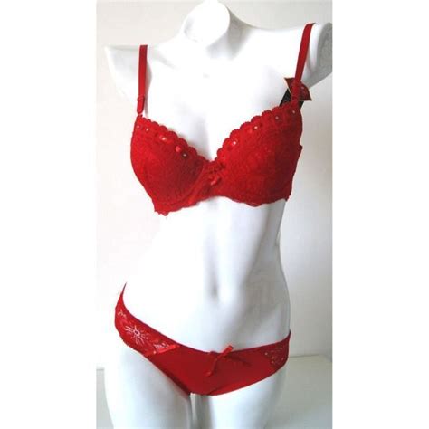 Ensemble Soutien Gorge Slip Culotte Dentelle Rouge Strass Lingerie Sexy