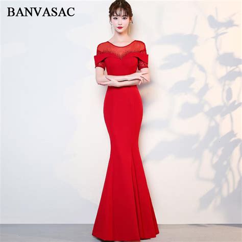 BANVASAC 2018 O Neck Crystal Mermaid Long Evening Dresses Lace Short