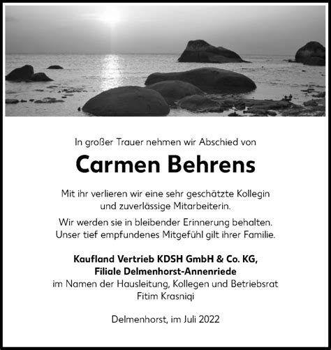 Traueranzeigen Von Carmen Behrens Noz Trauerportal