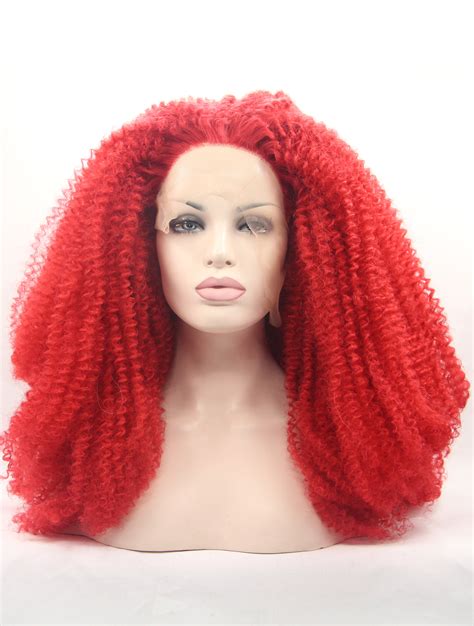 Lace Front Colorful Wigs 18 Kinky Red Without Bangs Synthetic Long