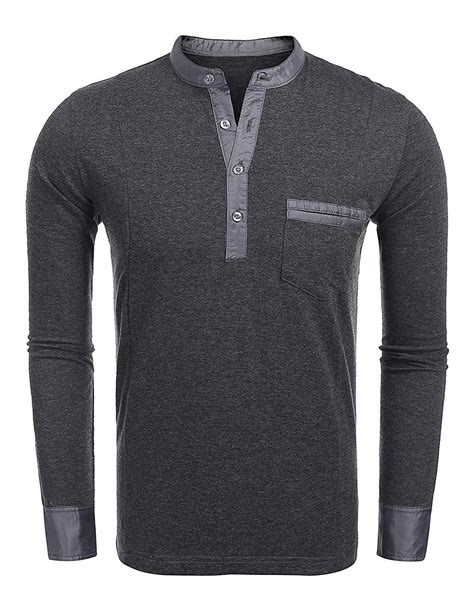 Mens Casual Slim Fit Cotton V Neck Long Sleeve Henley T Shirts Gray