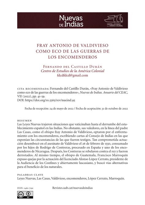 Pdf Fray Antonio De Valdivieso Como Eco De Las Guerras De Los