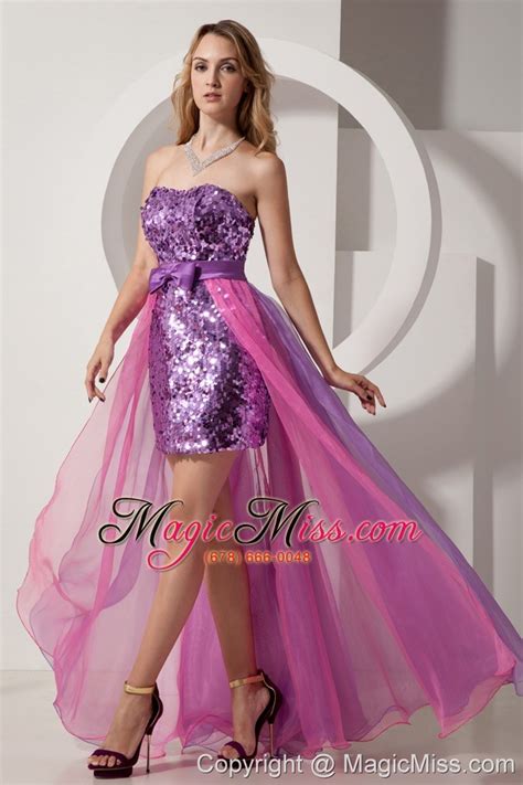 Purple And Pink Column Strapless Prom Dress High Low Sequin And Chiffon Us14826