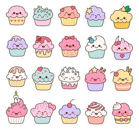 Premium Vector | Funny kawaii cupcakes Cute sweet food dessert ...