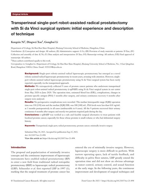 Pdf Transperineal Single Port Robot Assisted Radical Prostatectomy