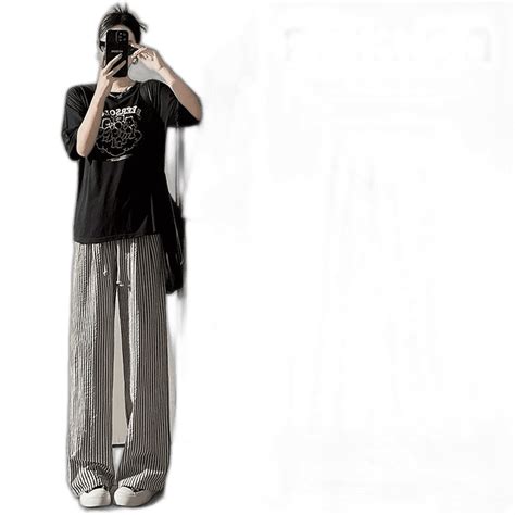 Black And White Vertical Striped Wide Leg Pants Female High Waist